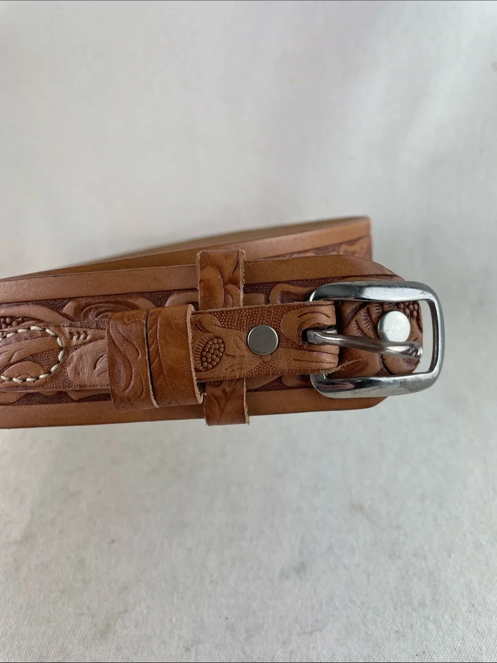 Tooled Leather Floral Belt in Cognac Brown